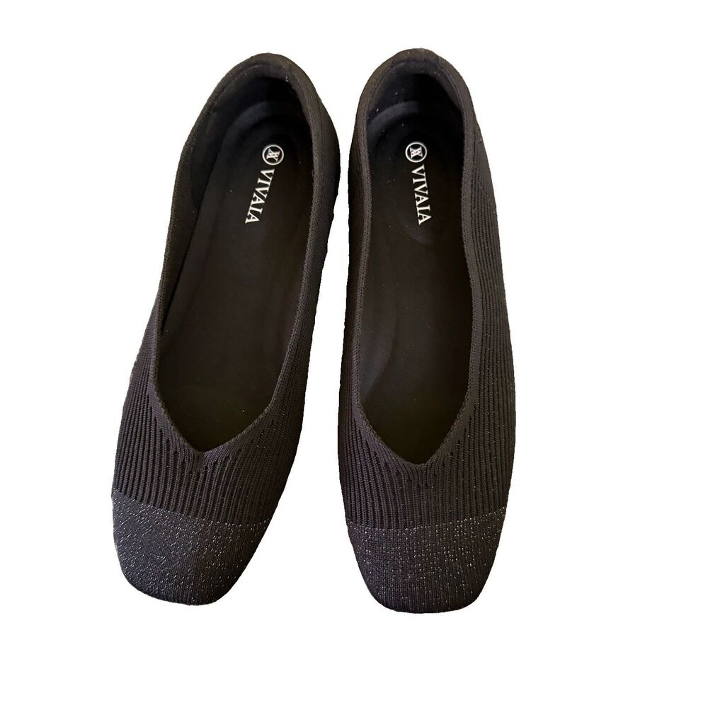 VIVAIA Margot 2.0 Knit Square Toe Ballet Flats 7.5 Black Sparkle Glitter 38.5 EU